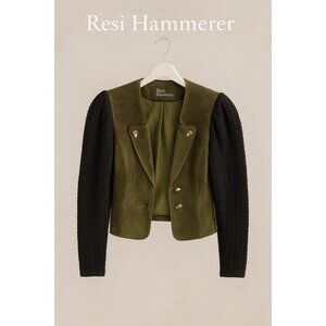 Resi Hammerer Austrian Trachten Jacket Suede Wool Knit Sleeves Green Black Size6
